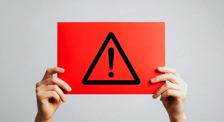 Person holding red warning sign with exclamation mark