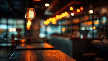 Warm, glowing Edison bulbs illuminate a dimly lit, cozy restaurant interior