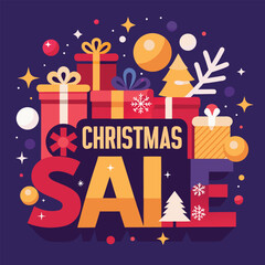 Festive christmas sale announcement featuring piles of gifts and sparkling decorations for holiday shopping promotion
