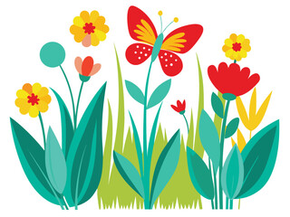 A vibrant butterfly gracefully alights upon a delightful patch of colorful spring flowers surrounded by abundant lush green foliage creating a picturesque natural scene