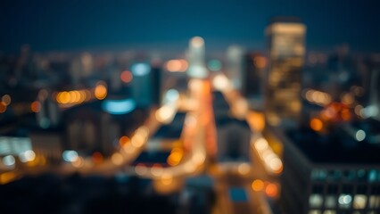 Obraz premium A blurred night cityscape with blue and gold lights, evoking urban energy and vibrancy.