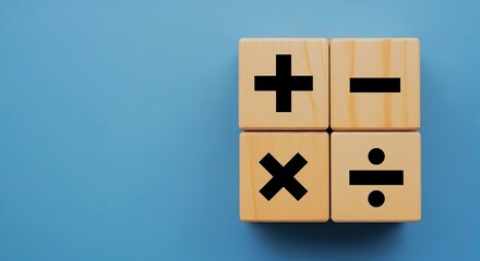 Wooden blocks with basic math symbols plus minus multiply divide