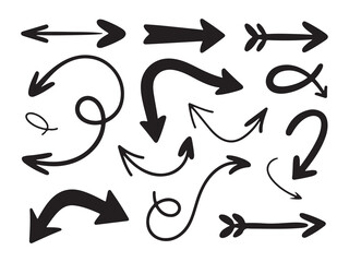 Set of black hand drawn doodle arrows isolated on white background indicating direction