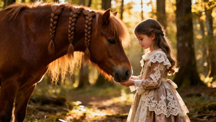 Little girl in vintage dress interacting with horse in autumn forest