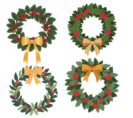 illustration of a Christmas wreath decoration, created with a flat design style, featuring a circular arrangement of lush green leaves and vibrant red berries