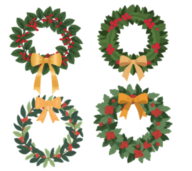 illustration of a Christmas wreath decoration, created with a flat design style, featuring a circular arrangement of lush green leaves and vibrant red berries