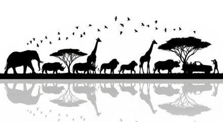 Sharp black silhouettes of diverse African safari wildlife, acacia trees, safari vehicles, and a photographer, on a transparent background with mirror reflections, conceptual photography of African