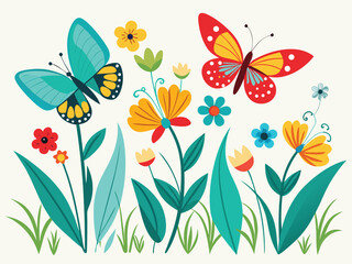 Vibrant butterflies gracefully fluttering among whimsical flowers and lush green foliage in a delightful springtime meadow scene perfect for banners and advertisements