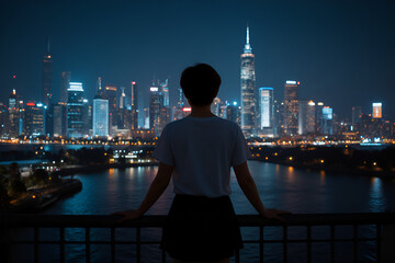 Silhouette of a Person Watching Illuminated City Skyline at Night from a Riverside Viewpoint