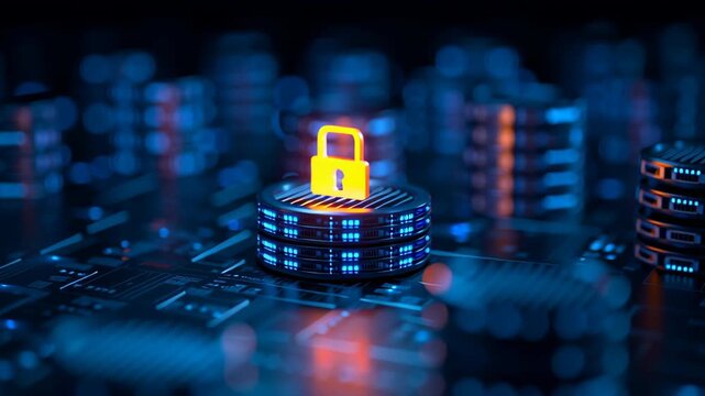Glowing lock icon symbolizes digital security and data protection on stacked server disks, enhancing cybersecurity and network technology in futuristic digital environment