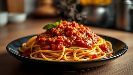 Close-up of delicious spaghetti with rich tomato sauce, steam rising from the plate.