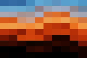 Abstract pixelated landscape with a vibrant sunset gradient. blue, orange, and red geometric blocks create a modern digital art background.