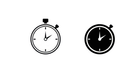 Two distinct minimalist stopwatch icons, white and black silhouettes, with speed lines, on a transparent background with bright studio lighting, concept of speed, efficiency, and time management
