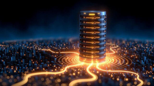 Data server tower glowing with bright orange circuit lines, futuristic technology concept featuring digital network connections and vibrant glowing connection energy modern network infrastructure