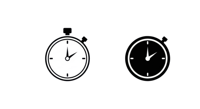 Two distinct minimalist stopwatch icons, white and black silhouettes, with speed lines, on a transparent background with bright studio lighting, concept of speed, efficiency, and time management - Powered by Adobe