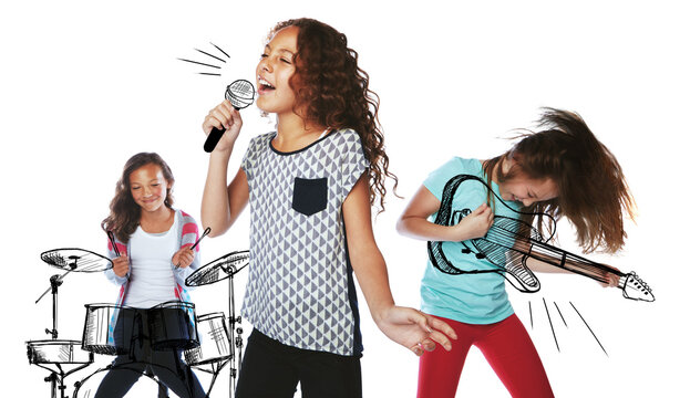 Children, singing and rock band in studio, guitar and girl with performance on white background. Kids, talent and musician group at show with microphone, overlay and voice with friends for concert