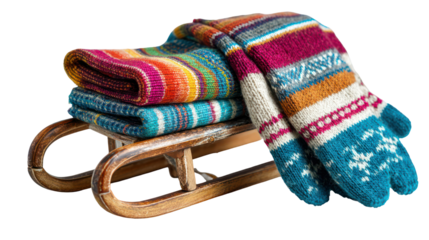 Cozy knitted winter accessories stacked on a wooden sled isolated on transparent background