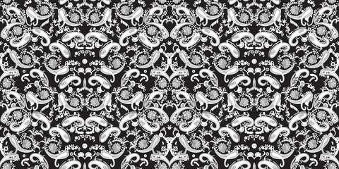 Black and White Henna Paisley Seamless Pattern | Luxury Floral Line Art, Hand Drawn Folk Art Design, Monochrome Vintage Textile & Wallpaper Background