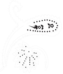 Black and White Paisley Floral Motif | Ethnic Decorative Flower Vector, Traditional Textile Design, Ornamental Floral Outline Pattern, Vintage Swirl Background
