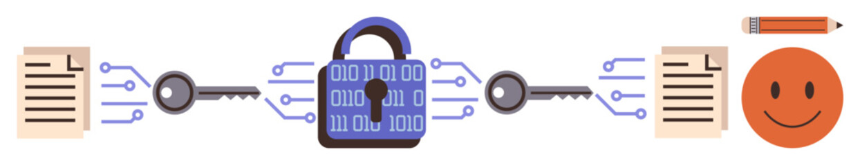 Lock with binary code, electronic keys, documents, and a happy face. Ideal for cybersecurity, data encryption, protection, digital privacy, secure communication cryptography simple flat metaphor
