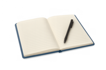 Open notebook with blank lined pages and pen, ideal for writing, studying, planning, or journaling, transparent background