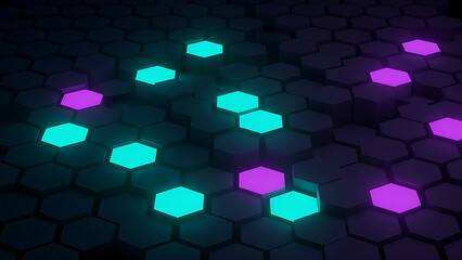 Dark geometric abstract background with glowing cyan and magenta hexagons creating a futuristic cyber structure