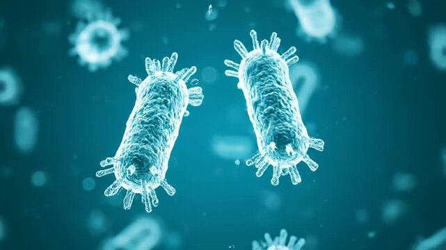 Floating bacterium drifts in fluid medium. Virus and microbe shapes move. Pathogen and germ surface look spiky. Infection concept for microbiology study. Cell model links to antibiotic study impact.