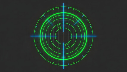 High-tech radar screen display targeting interface with neon green scanning circles and glowing blue crosshairs.