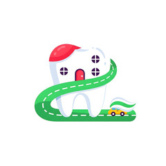 Tooth shaped like a house with a toothpaste road and a small car