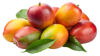 A vibrant pile of fresh mangoes with leaves against a black background close up shot fruit on transparent background