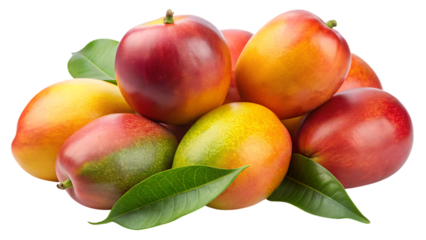 A vibrant pile of fresh mangoes with leaves against a black background close up shot fruit on transparent background