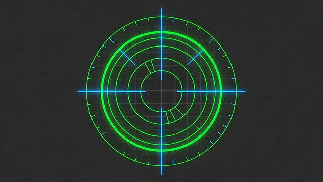 High-tech radar screen display targeting interface with neon green scanning circles and glowing blue crosshairs. - Powered by Adobe