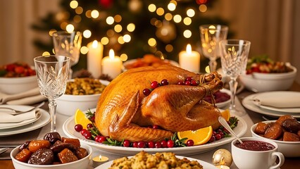 Festive holiday dinner table set with a perfectly roasted turkey as the centerpiece, surrounded by side dishes and lit candles with a bokeh christmas tree in the background
