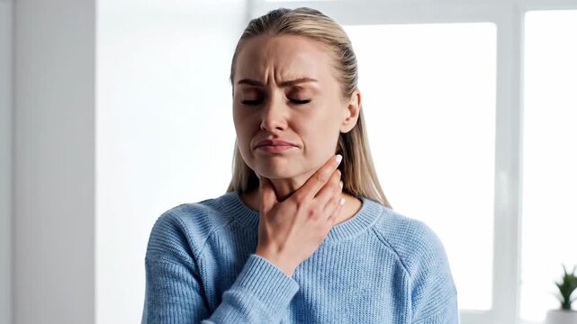 Woman Experiencing Sore Throat, Painful Swallowing, Holding Her Neck, Showing Discomfort.