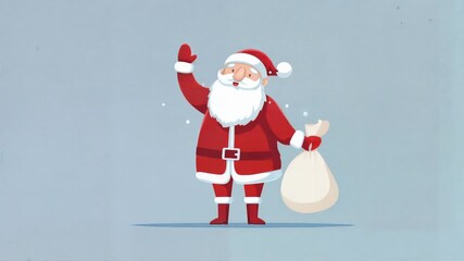 Joyful cartoon Santa in classic red suit stands on soft blue background waving and holding sack full of presents creating friendly Christmas greeting for kids content