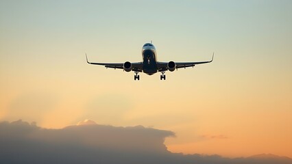 Fototapeta premium Airplane ascending into clear blue sky during golden hour view.