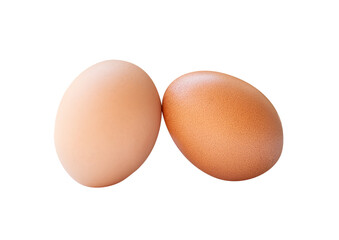 Side view of two fresh brown chicken eggs in stack isolated on white background with clipping path