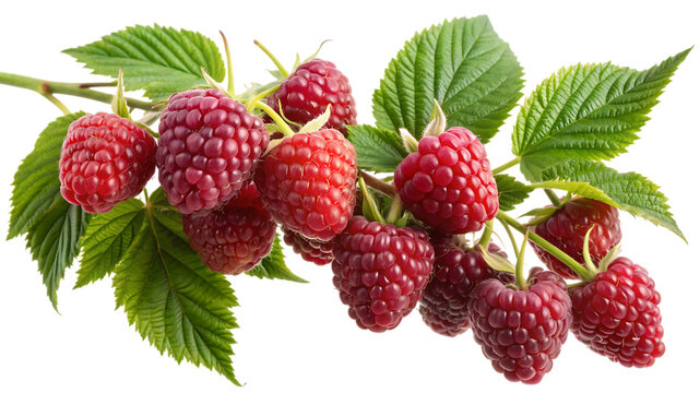 A branch of fresh raspberries with green leaves isolated on a black background in close up view on transparent background