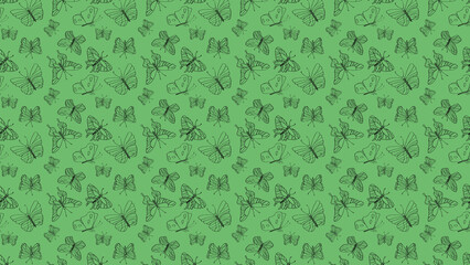 Seamless pattern of hand drawn butterflies on a green background for textile or wallpaper design use