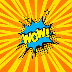 Colorful comic-style speech bubble with dynamic starburst effects and retro halftone dots surrounding the word “WOW!”