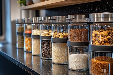 Neat kitchen shelves with food jars high resolution picture
