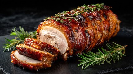 Side profile of juicy Italian porchetta roast crispy golden skin and fresh herbs sliced and styled on a black textured background