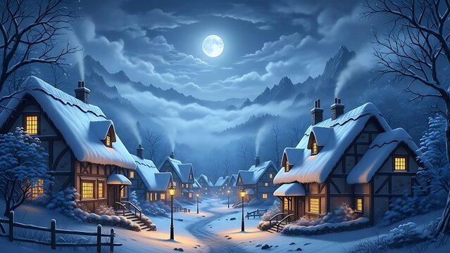 Cozy winter village scene at night with snowcovered cottage roofs illuminated by warm light under a full moon