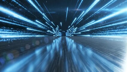 Abstract Blue Light Streaks Accelerating Through Digital Network with Particles and Lens Flare on Dark Background