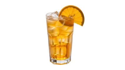 Refreshing iced tea with orange slice isolated PNG, cool summer drink on transparent background for beverage and restaurant design