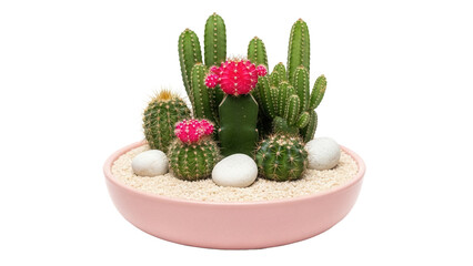 Cactus arrangement in pink bowl isolated PNG, succulent plants with red flowers and white pebbles on transparent background