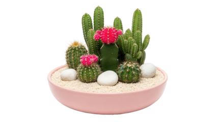 Cactus arrangement in pink bowl isolated PNG, succulent plants with red flowers and white pebbles on transparent background