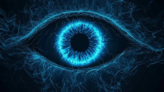 Glowing blue eye with electric light and abstract energy lines, futuristic vision technology featuring fiery electric effects and mystical crescent shape inside iris on dark background