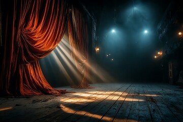 Old wooden stage with curtain lights high resolution picture
