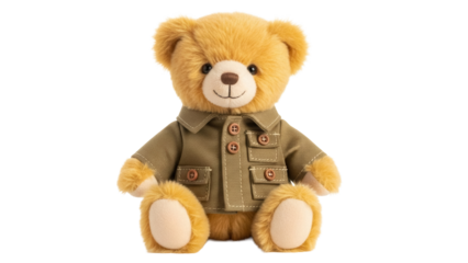 Teddy bear in khaki jacket isolated PNG, cute plush toy with buttoned coat on transparent background for kids design